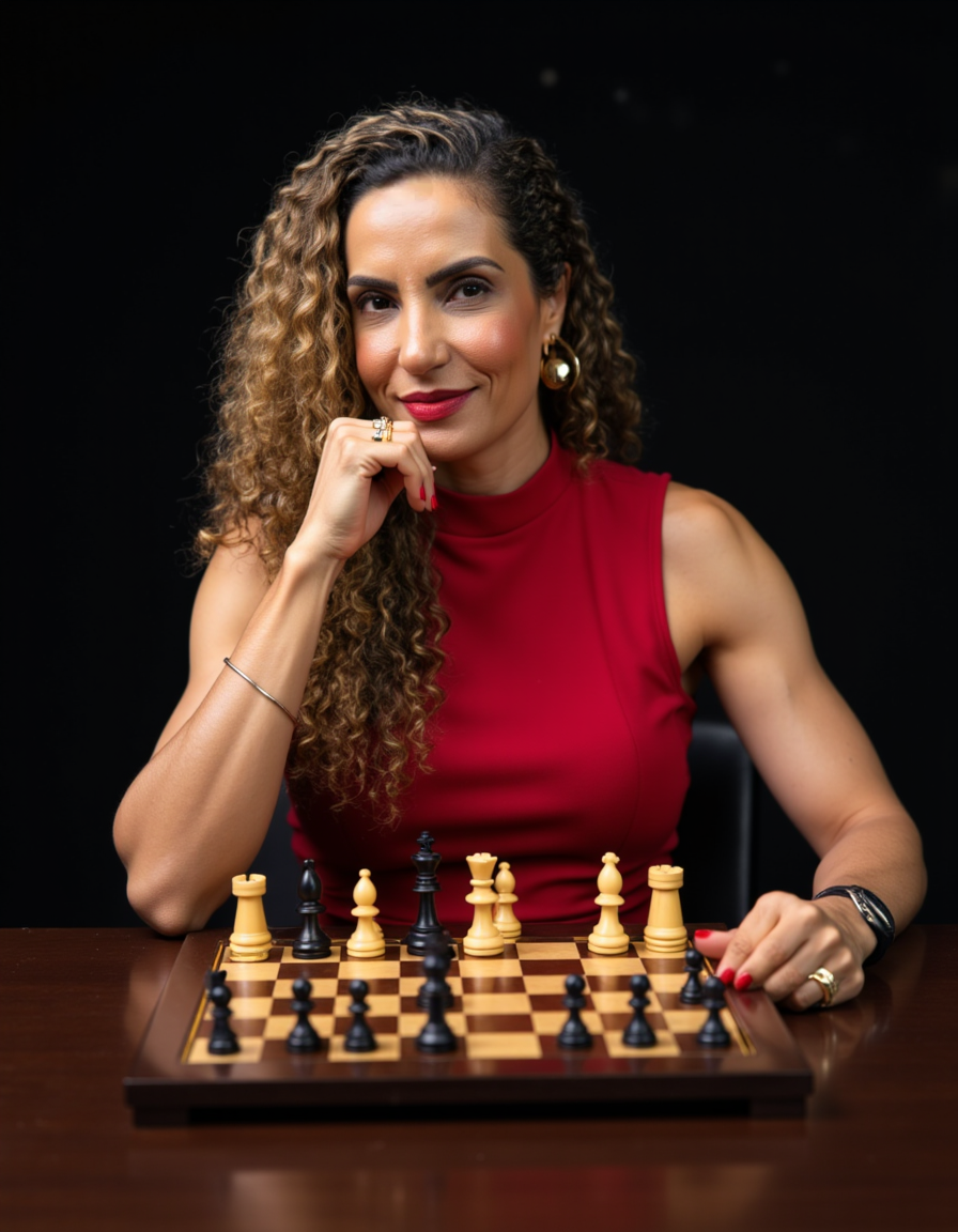 Hellen Garcez diante de um tabuleiro de xadrez