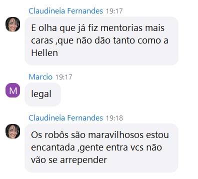 Depoimento de Claudineia Fernandes sobre mentorias mais caras e os robôs