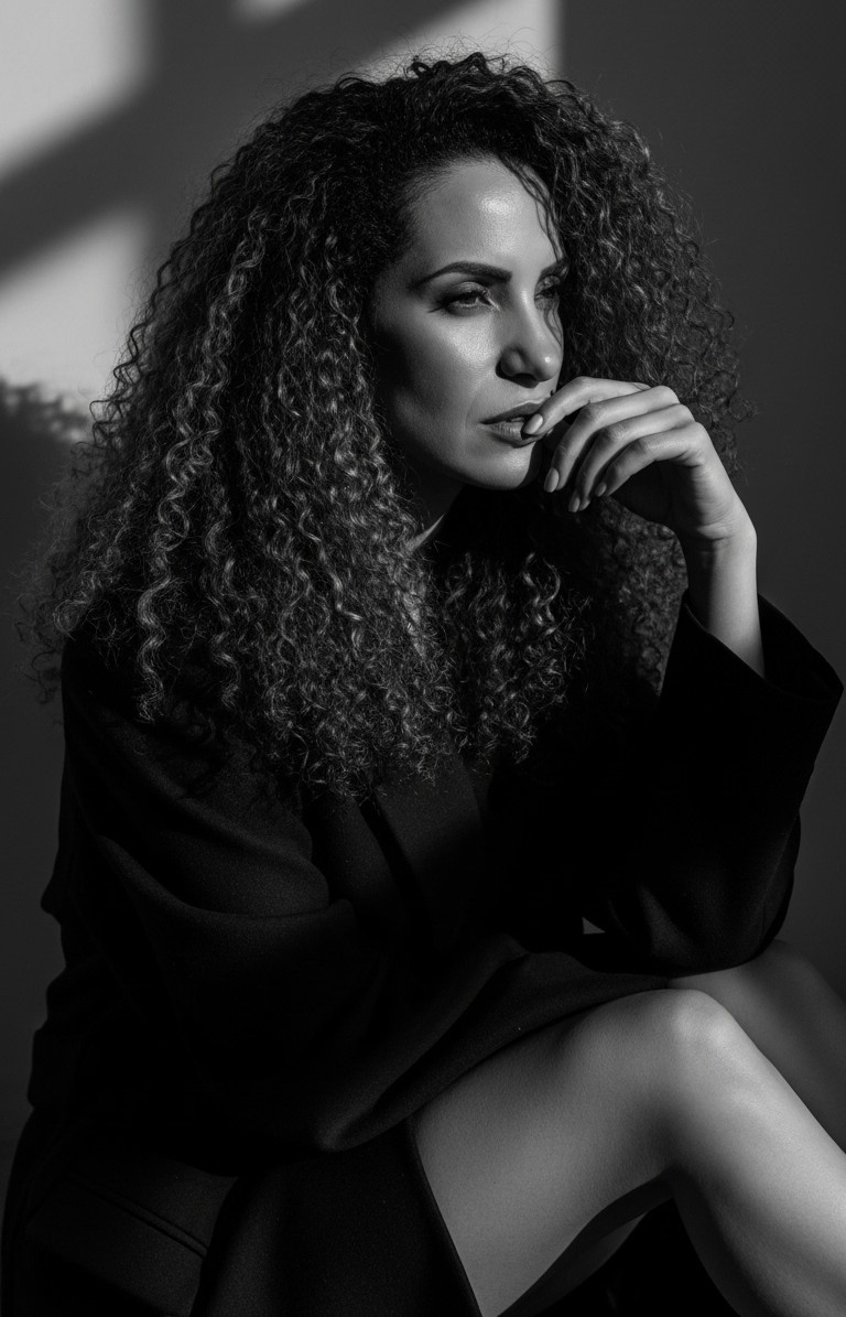 Hellen Garcez em retrato preto e branco